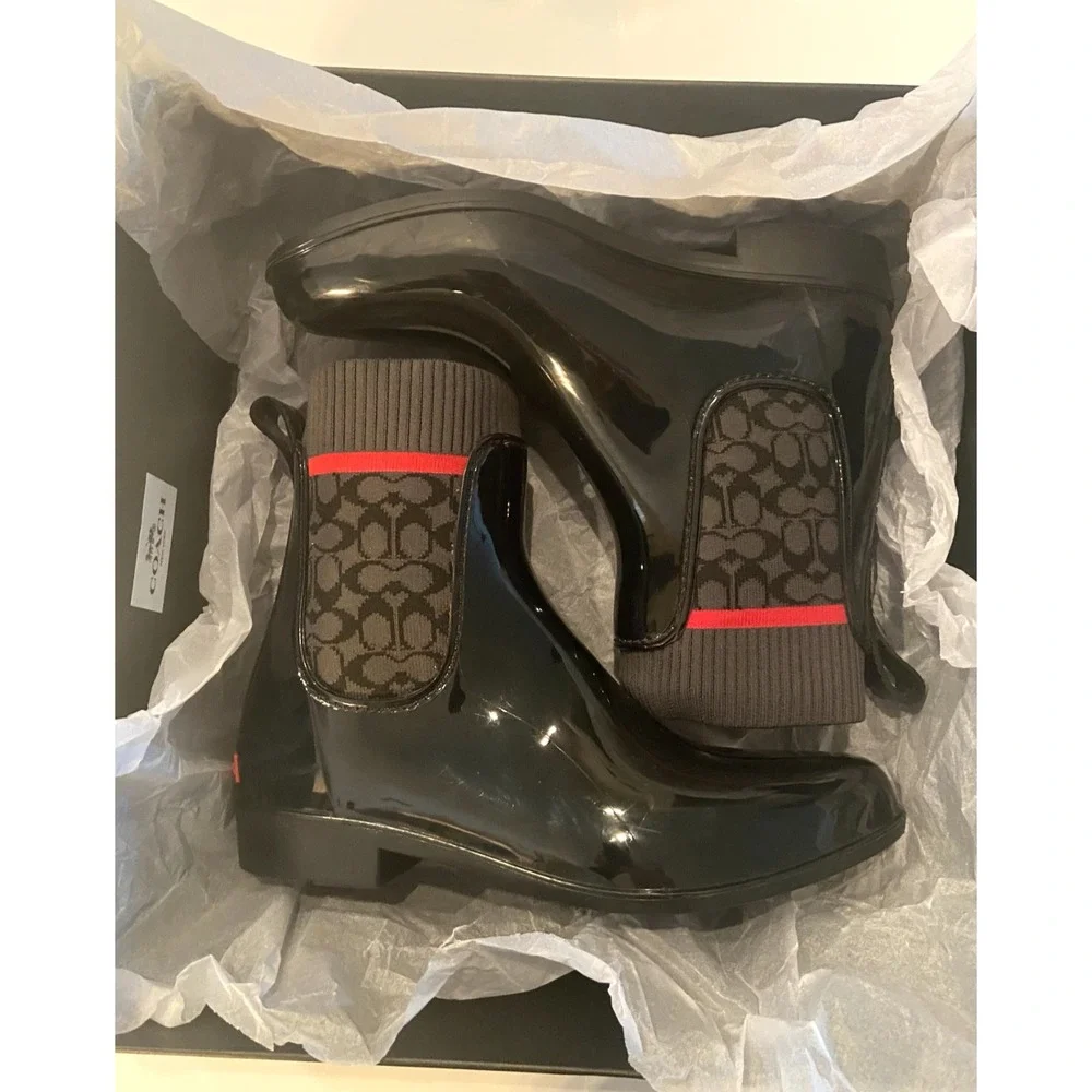 COACH Women's Waterproof Short Logo Stretch Pull‑On Ankle Rain Booties Size 8